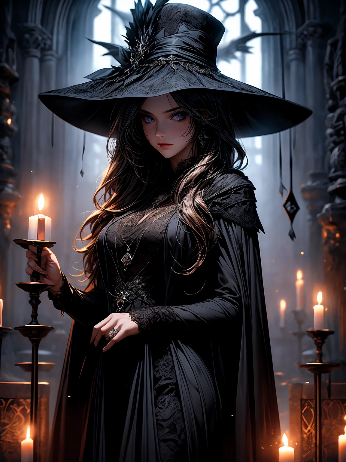 a girl with beautiful detailed eyes and mesmerizing lips,masterpiece:1.2,ultra-detailed,realistic:1.37,3D rendering,black lace minidress with intricate patterns, long flowing black cloak, wide brimmed hat casting a mysterious shadow,standing near a cauldron,holding a wand, surrounded by flickering candles and mystical artifacts,studio lighting,dark and moody atmosphere,background with ancient runes and mysterious symbols,portraits,fine art,horror,vivid colors, bokeh, ethereal color palette,smoky lighting effects.
