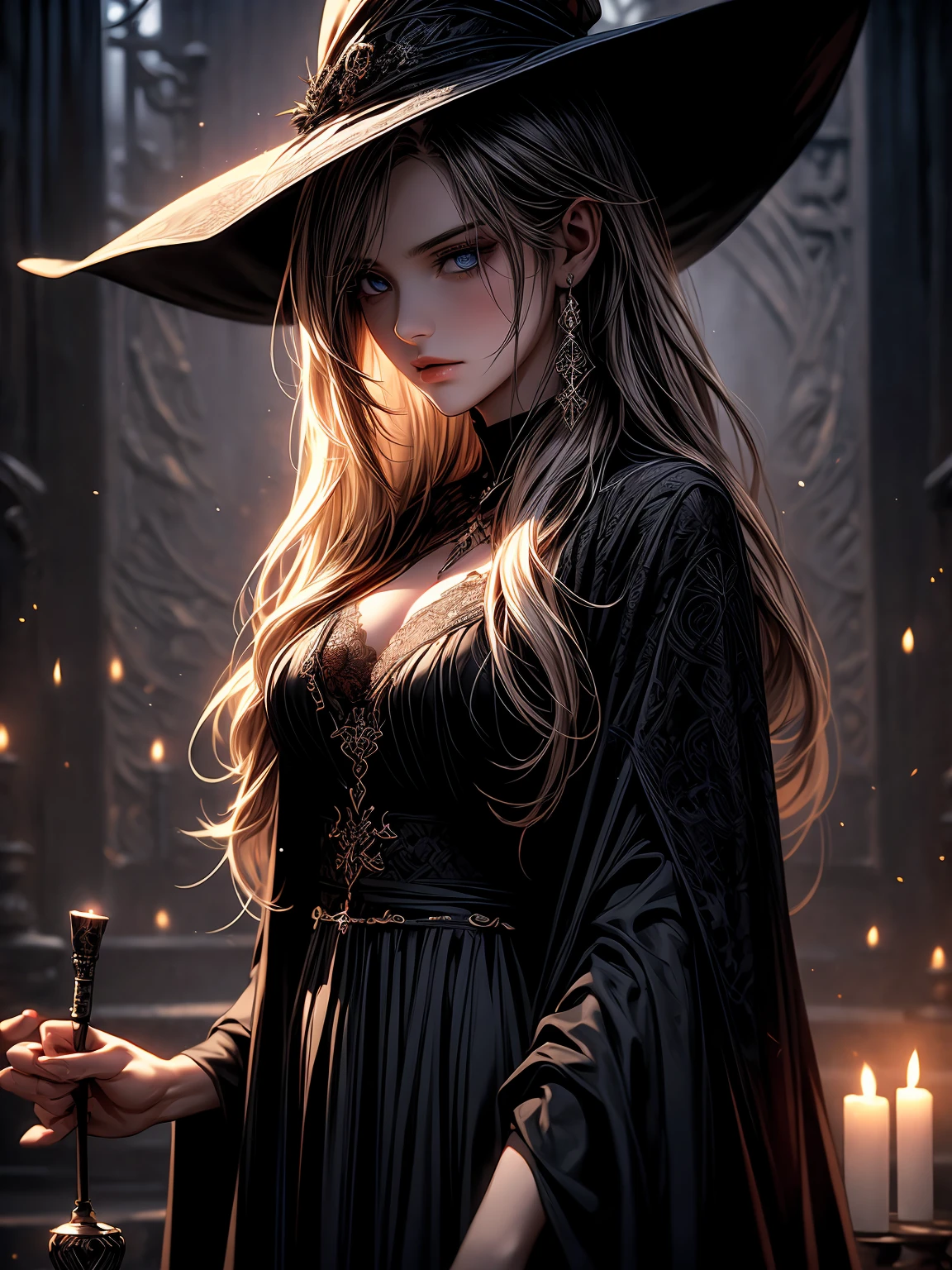 a girl with beautiful detailed eyes and mesmerizing lips,masterpiece:1.2,ultra-detailed,realistic:1.37,3D rendering,black lace minidress with intricate patterns, long flowing black cloak, wide brimmed hat casting a mysterious shadow,standing near a cauldron,holding a wand, surrounded by flickering candles and mystical artifacts,studio lighting,dark and moody atmosphere,background with ancient runes and mysterious symbols,portraits,fine art,horror,vivid colors, bokeh, ethereal color palette,smoky lighting effects.