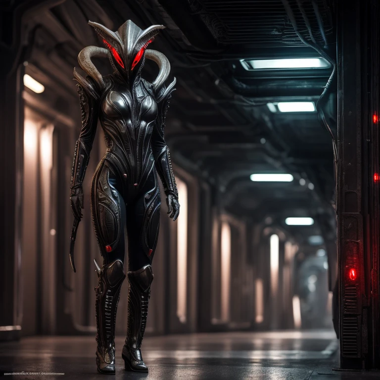 (Xenomorph from Alien:1.4), chitin-like, dark black, shining skin, hose-like tentacle as tail, hose-like tongue, human-like big breasts, in space ship, green shine, eggs in background, (best quality, 4k, 8k, highres, masterpiece:1.2), ultra-detailed, (realistic, photorealistic, photo-realistic:1.3), HDR, UHD, studio lighting, ultra-fine painting, sharp focus, physically-based rendering, extreme detail description, professional, vivid colors, bokeh, portraits, landscape, horror, anime, sci-fi, photography, concept artists, detailed eyes, detailed lips, long eyelashes.