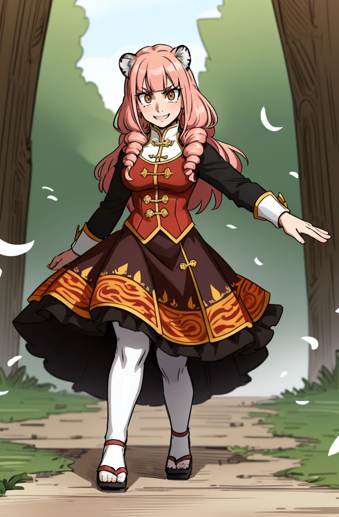 little girl, tiger ears, tiger tails, martial art, medium chest, pink hair, skirt, jacket, godess,1girl,coat,walking, solo focus.1character, holy catholic mountain,alone, full body, long skirt, smug smile, long skirt, victorian cloths, forest, portrait, victorian skirt,, flip flops, traditional chinese cloths,refsheet