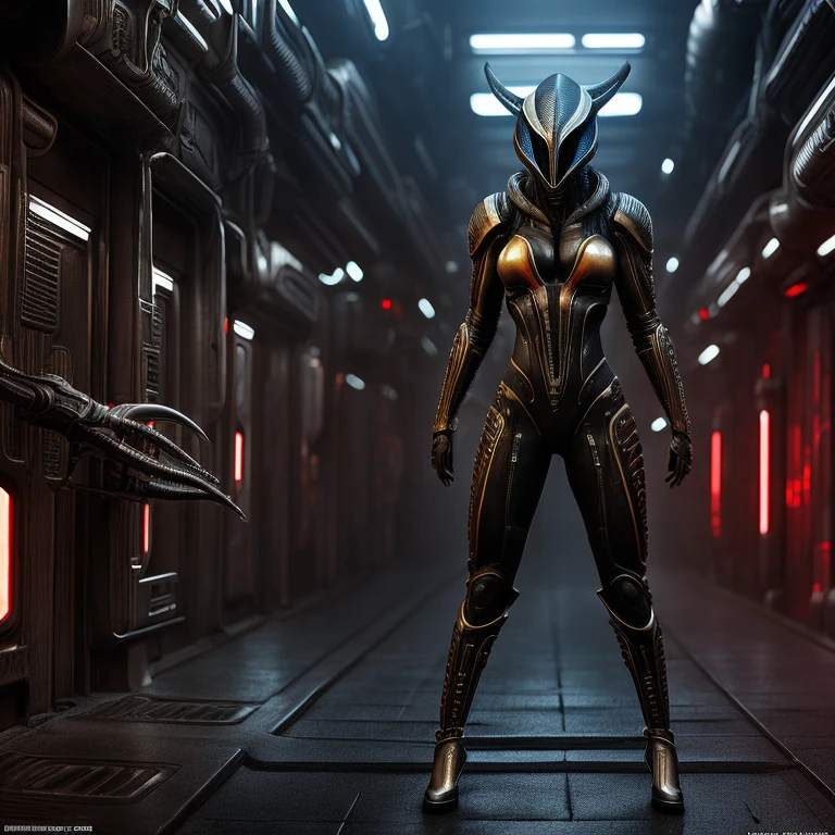 En un ambiente futurista y ciberpunk estilo Blade Runner, captures a portrait from different angles of a blonde woman dressed in a red xenomorph alien style suit, the full body woman is in attack position, Science fiction, hr giger muscles, biomechanical alien, armadura de Science fiction. musculoso, Design h.r. giger , metal torso, alíen xenomorfo