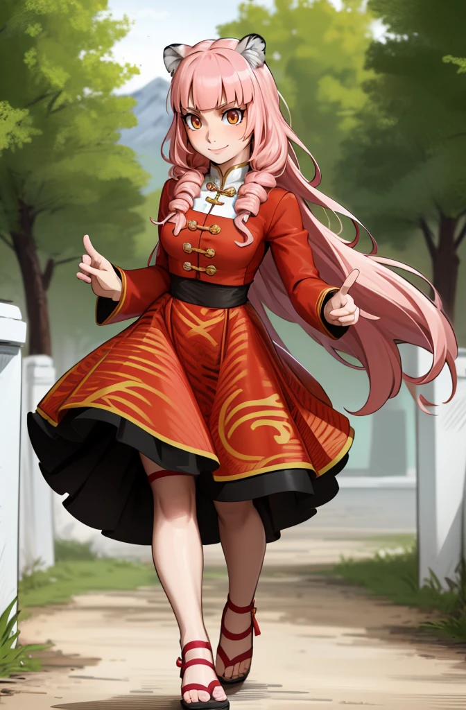 little girl, tiger ears, tiger tails, martial art, medium chest, pink hair, skirt, jacket, godess,1girl,coat,walking, solo focus.1character, holy catholic mountain,alone, full body, long skirt, smug smile, long skirt, victorian cloths, forest, portrait, victorian skirt,, flip flops, traditional chinese cloths,refsheet
