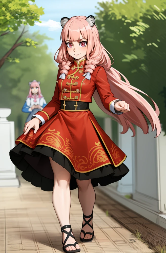 , tiger ears, tiger tails, martial art, medium chest, pink hair, skirt, jacket, godess,1girl,coat,walking, solo focus.1character, holy catholic mountain,alone, full body, long skirt, smug smile, long skirt, victorian cloths, forest, portrait, victorian skirt,, flip flops, traditional chinese cloths,refsheet