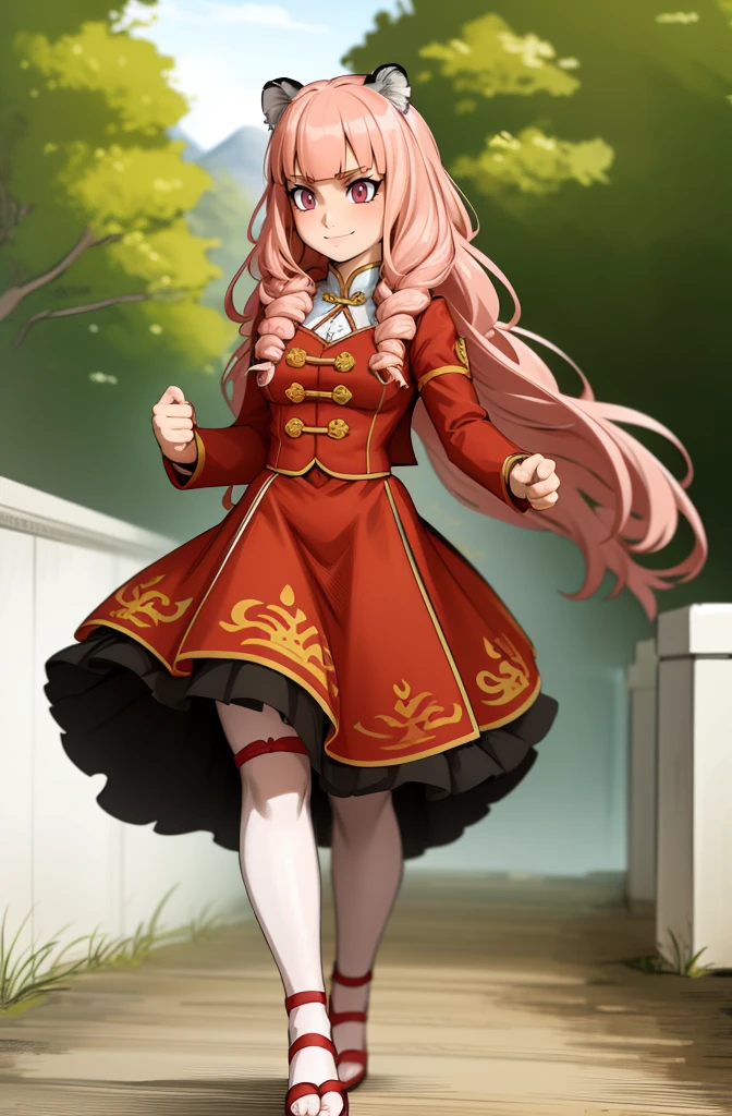 , tiger ears, tiger tails, martial art, medium chest, pink hair, skirt, jacket, godess,1girl,coat,walking, solo focus.1character, holy catholic mountain,alone, full body, long skirt, smug smile, long skirt, victorian cloths, forest, portrait, victorian skirt,, flip flops, traditional chinese cloths,refsheet