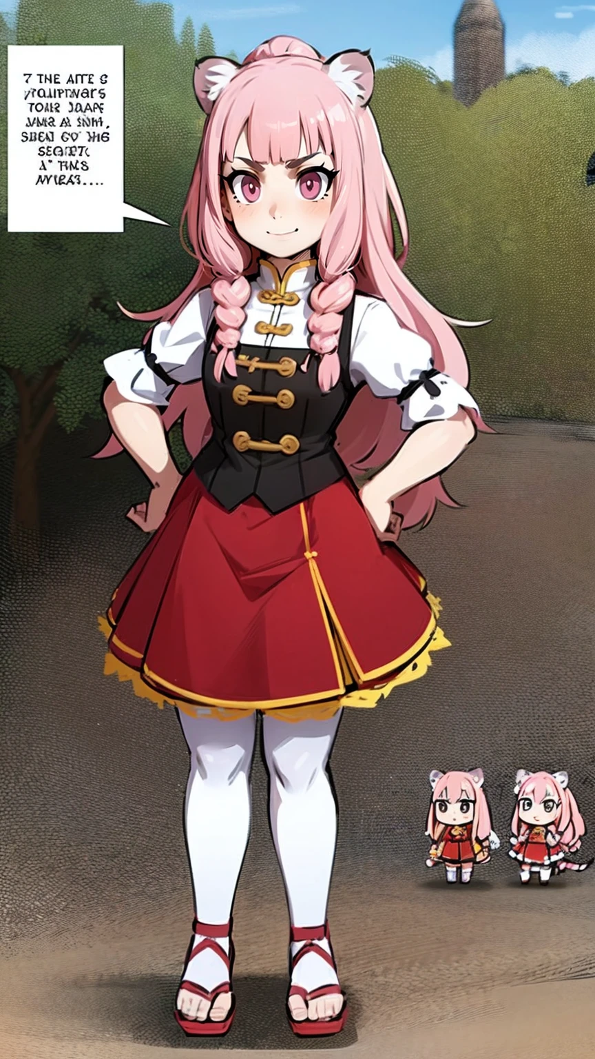 little girl, tiger ears, tiger tails, martial art, medium chest, pink hair, skirt, jacket, godess,1girl,coat,walking, solo focus.1character, holy catholic mountain,alone, full body, long skirt, smug smile, long skirt, victorian cloths, forest, portrait, victorian skirt,, flip flops, traditional chinese cloths,refsheet
