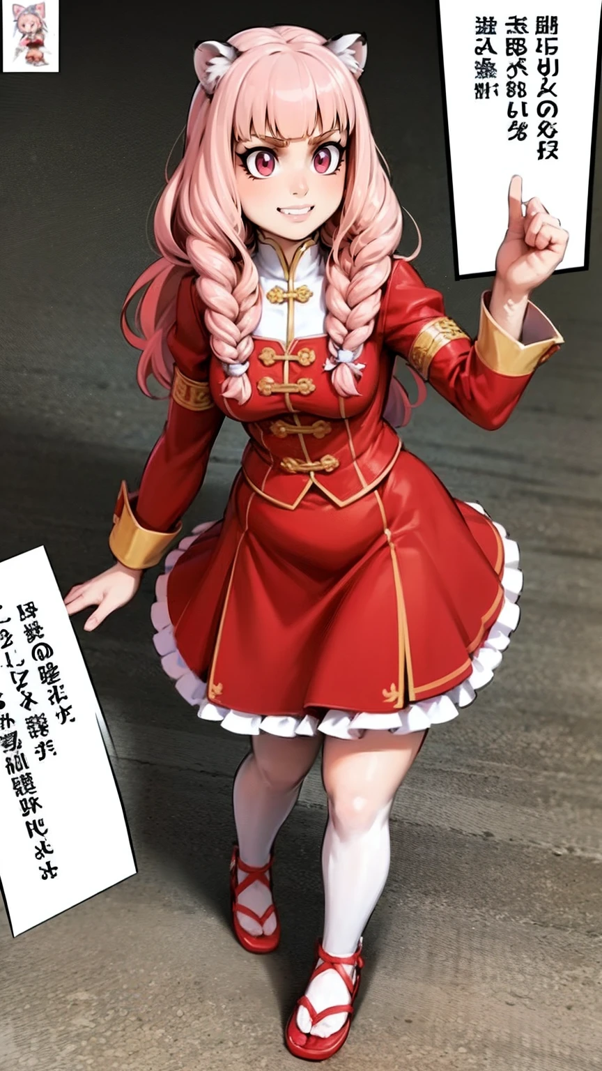 little girl, tiger ears, tiger tails, martial art, medium chest, pink hair, skirt, jacket, godess,1girl,coat,walking, solo focus.1character, holy catholic mountain,alone, full body, long skirt, smug smile, long skirt, victorian cloths, forest, portrait, victorian skirt,, flip flops, traditional chinese cloths,refsheet