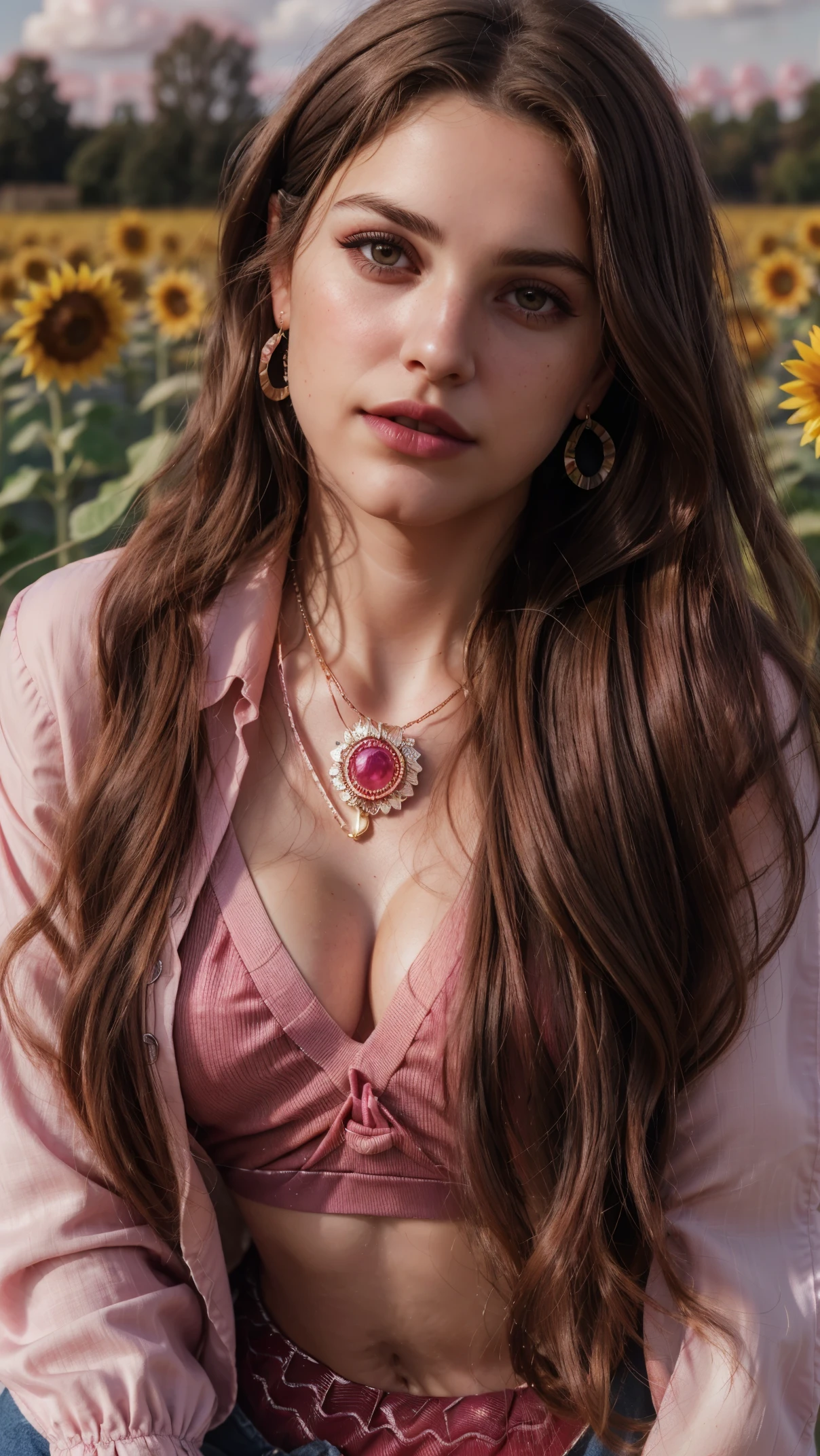 Wavy brown hair, (RAW photo, realism: 1.8), (very dark lip gloss, jet pink lipstick, many eyelashes, dark black eye shadow, shy, blushing, high quality, high resolution, depth of field, chromatic aberration, caustic, wide light, natural colors, 20 year old woman), necklaces, chokers, earrings, bracelets, wear many accessories, style A good woman,l, silk pink shirt, upper body, beautiful skin, lots of exposure, very line, looks delicious, lips that make you want to kiss, scruffy futon, sunflower farm field, golden sun in background,