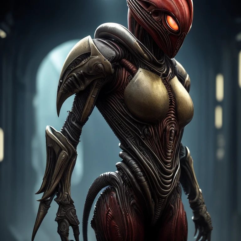 En un ambiente futurista y ciberpunk estilo Blade Runner, captures a portrait from different angles of a blonde woman dressed in a red xenomorph alien style suit, the full body woman is in attack position, Science fiction, hr giger muscles, biomechanical alien, armadura de Science fiction. musculoso, Design h.r. giger , metal torso, alíen xenomorfo