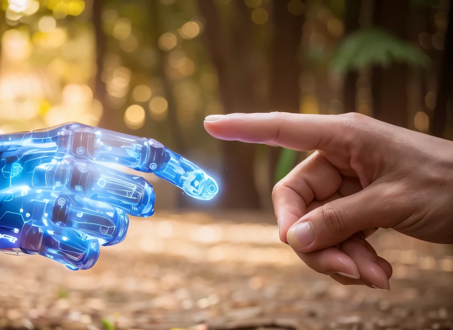 two hands touching each other with a glowing finger, endless collaboration with artificial intelligence, strong artificial intelligence, artificial intelligence, artificial intelligence!!, with AI theme, robot hands, augmented cyborgs, cybernetic hands, with a robotic arm, Cyber augmentation implant, robotic, with robotic arms, coming AI singularity, cyborgs work, robotic, as close as possible to the original picture, replace the background with a neutral one