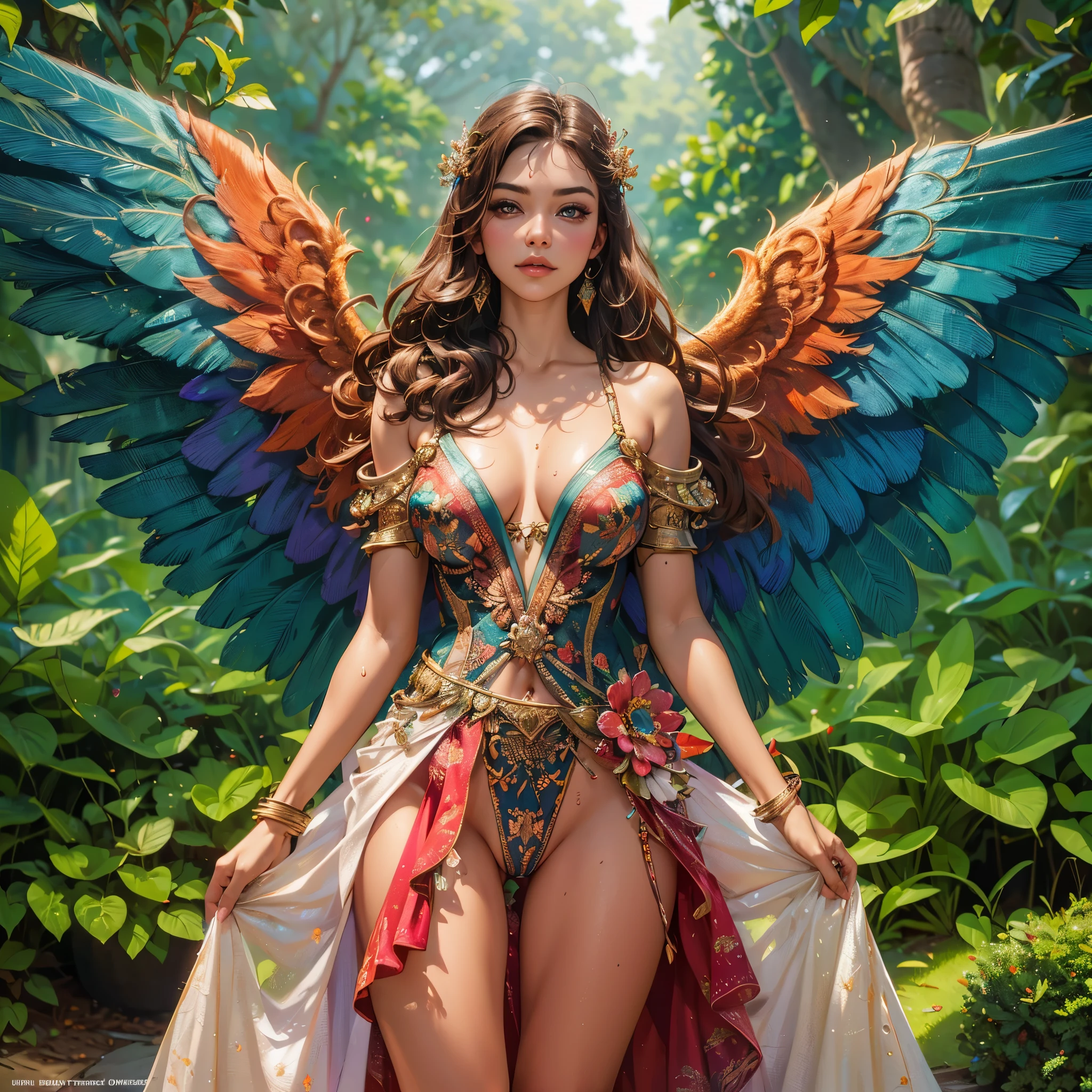 a woman with large round breast ,show her cleaveage, with a dress made of colorful feathers and flowers, with beautiful wings, rainbow wings, majestic wings, beautiful  fairy, beautiful fairy, beautiful fantasy art, colorfull digital fantasy art, amazing fantasy art, ethereal wings, beautiful angel, fantasy art style, very beautiful fantasy art, of an beautiful angel girl, fairy magnificent, beautiful  book fairy, (masterpiece, best quality:1.2),(8k,highres,RAW photo,realistic,photo-realistic:1.3),(detailed skin texture,detailed cloth texture,beautiful detailed face:1.25),professional lighting,photon mapping,beautiful soft light,radiosity,physically-based rendering,model shoot style, model shoot style, (extremely detailed CG unity 8k wallpaper), full shot body photo of the most beautiful artwork in the world, complex 3d render ultra detailed, looking at viewer, 18 yo, wet hair, real human skin, vibrant details, hyperrealistic, beautiful, octane render, 8k, best quality, masterpiece, an extremely delicate and beautiful, extremely detailed ,CG ,unity ,wallpaper, (realistic, photo-realistic:1.37),Amazing, finely detail, masterpiece,best quality,official art, extremely detailed CG unity 8k wallpaper ,extreme detailed eyes, (perfect face), shiny skin, colorful, highest detailed, vibrant colors, ultra high res, (high contrast), intricate, lens flare, (((nsfw))), (((nipples))), (((crotch))), (((vagina)))