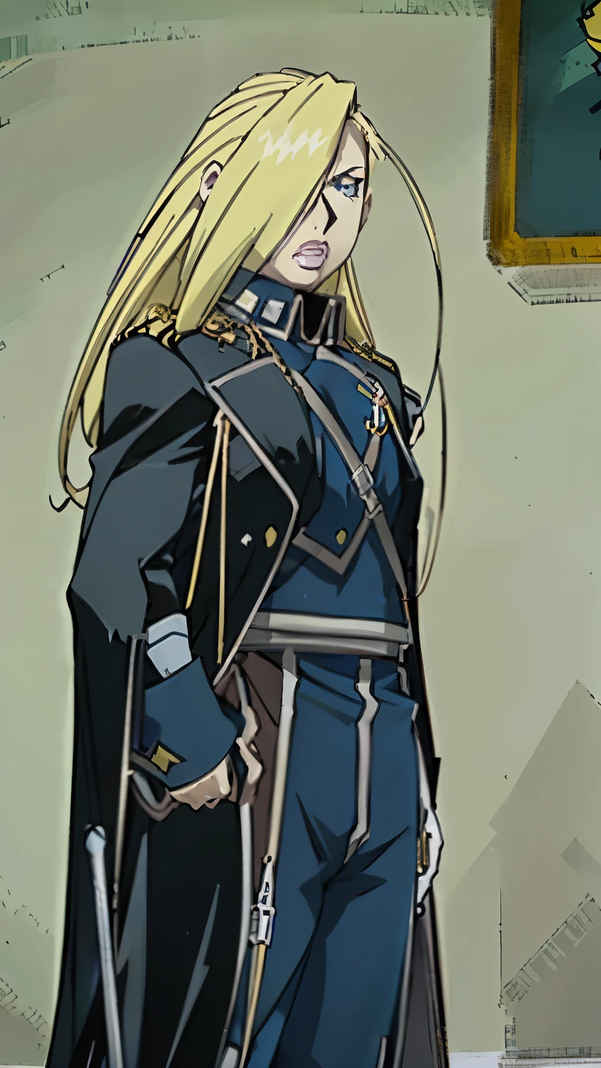 a man in a blue outfit and black cape standing, casimir art, masamune shiro, tall anime guy with blue eyes, inspired by Li Chevalier, picture of a male cleric, male anime character, joe biden as an anime villain, furio tedesschi, best anime character design, lucina from fire emblem, jrpg character art, jrpg character,Olivier Mira Armstrong,金色长头发,钢之炼金术师,女少将,军服,军刀,女硬汉,军大衣,女军人,金色长发女军人,女军人,金发女魔头,大姐姐
