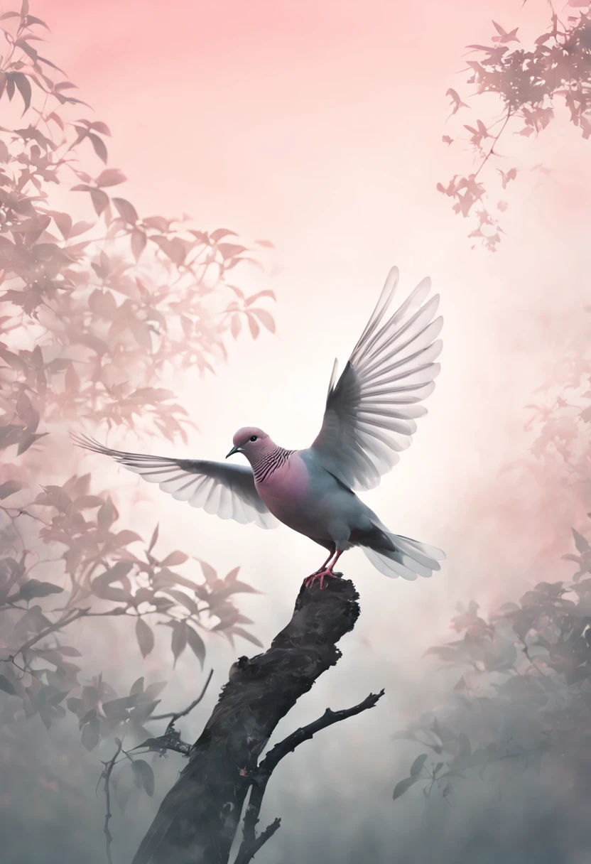 Against a backdrop of a matte gradient transitioning from misty gray to soft blush,a compelling double exposure picture that seamlessly merges the presence of a dove and the wonders of nature. Capture the harmony between the bird's form and the natural world, using light and shadow to accentuate their connection and create a visually striking narrative. the silhouette of the dove intricately entwined with psychedelic patterns takes form. Fine lines dance on the tranquil gradient, providing a captivating contrast against the vibrant intricacies. She steps into the composition, a captivating harmony of calm gradients and dynamic allure, digital rendering, trippy art, illustration., 3d render