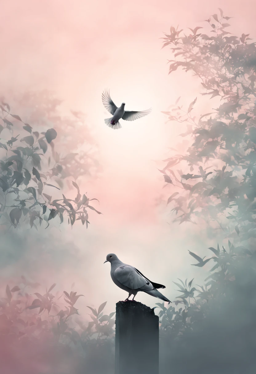Against a backdrop of a matte gradient transitioning from misty gray to soft blush,a compelling double exposure picture that seamlessly merges the presence of a dove and the wonders of nature. Capture the harmony between the bird's form and the natural world, using light and shadow to accentuate their connection and create a visually striking narrative. the silhouette of the dove intricately entwined with psychedelic patterns takes form. Fine lines dance on the tranquil gradient, providing a captivating contrast against the vibrant intricacies. She steps into the composition, a captivating harmony of calm gradients and dynamic allure, digital rendering, trippy art, illustration., 3d render