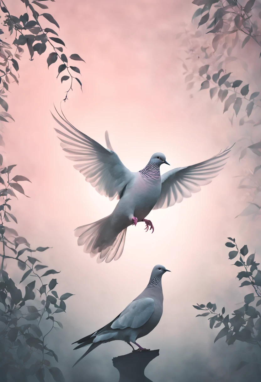 Against a backdrop of a matte gradient transitioning from misty gray to soft blush,a compelling double exposure picture that seamlessly merges the presence of a dove and the wonders of nature. Capture the harmony between the bird's form and the natural world, using light and shadow to accentuate their connection and create a visually striking narrative. the silhouette of the dove intricately entwined with psychedelic patterns takes form. Fine lines dance on the tranquil gradient, providing a captivating contrast against the vibrant intricacies. She steps into the composition, a captivating harmony of calm gradients and dynamic allure, digital rendering, trippy art, illustration., 3d render