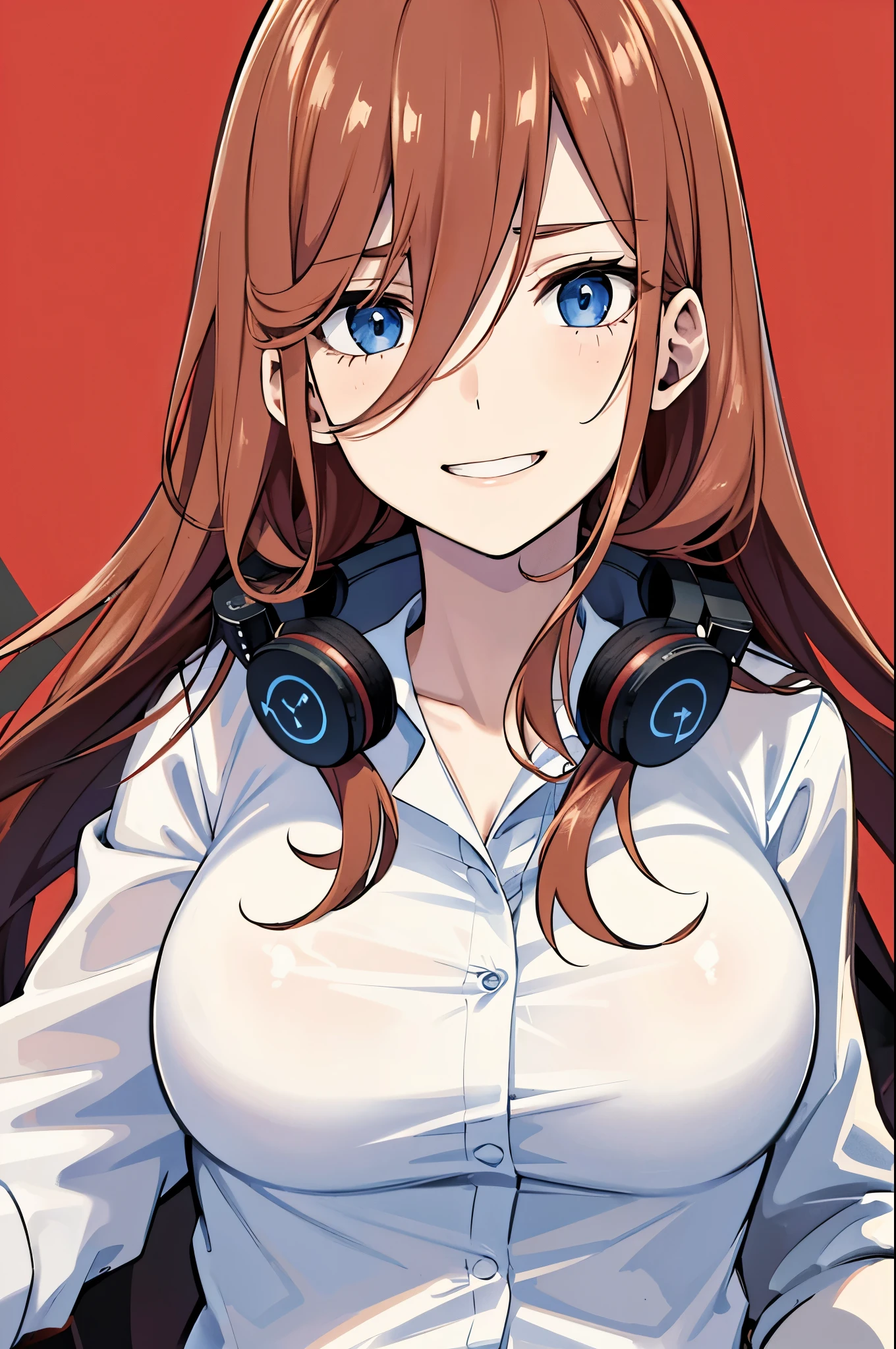 (face portrait), (masterpiece), best quality, expressive eyes, perfect face, highres, 1 girl, solo, miku nakano, long hair, bangs, blue eyes, brown hair, shirt, hair between eyes, headphones, cardigan, headphones around neck, shirt, long sleeves, white shirt, cardigan, blue cardigan, outdoor, schoolyard, smiling, standing, upper body portrait
