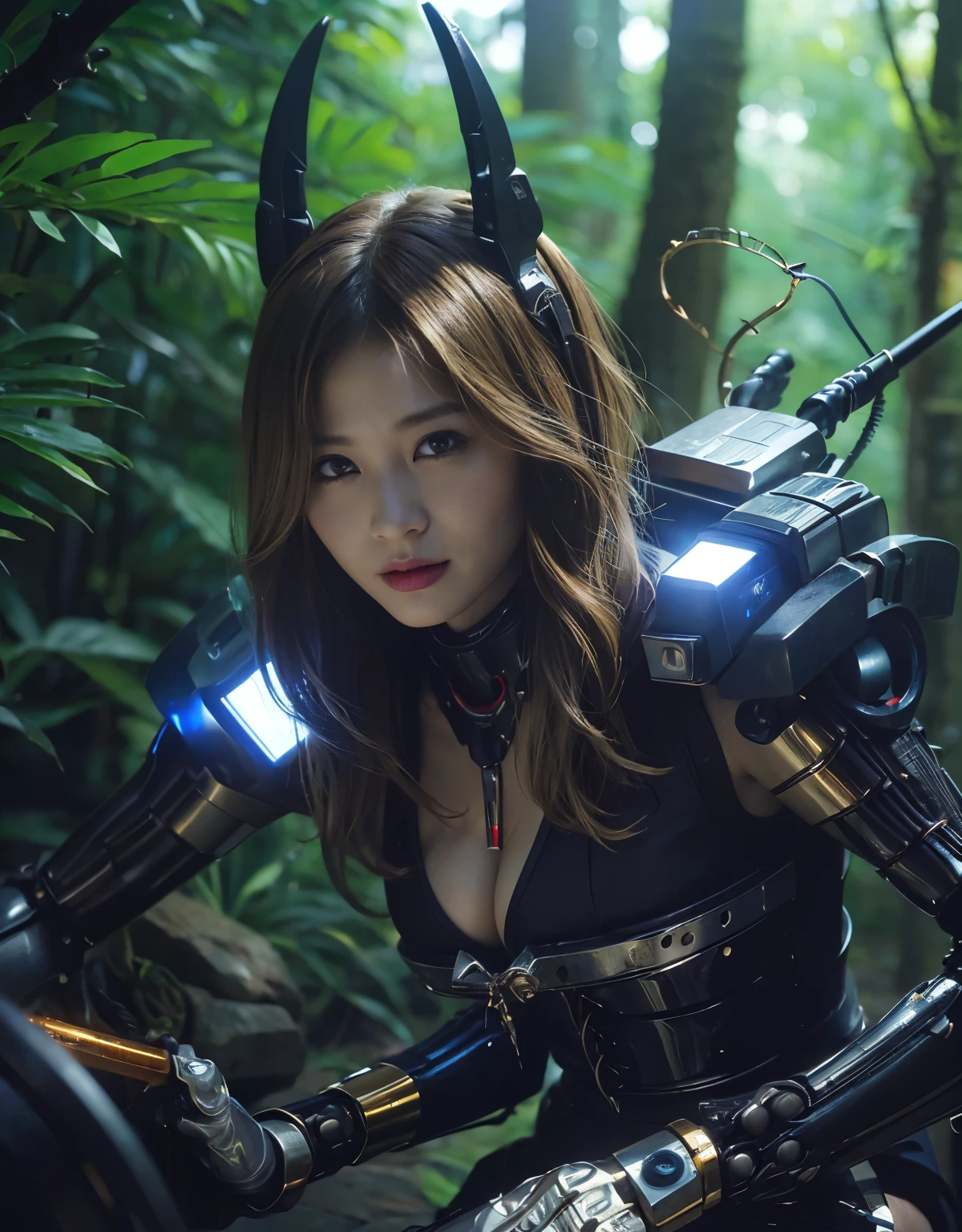 ((battle with monsters))、highest quality、masterpiece、ultra high resolution、(Photoreal:1.4)、RAW photo、1 girl、golden hair、glowing skin、(((1 Mechanical Girl)))、with a beautiful knife、（Blue Metal Bodysuit）、(beautiful forest background)、(battle with monsters)、(Small LED)、((Ultra realistic details))、vertical giant monster background),global illumination、Shadow、octane rendering、8k、super sharp、big breasts、The bare skin of the cleavage is exposed、Metal、intricate decorative details、Japan details、very intricate details、realistic light、Trends in CG society、red eyes、Eyes shining towards the camera、Mechanical vertebrae attached to back with mechanical edge blood vessels connected to neon details tubes、cervical vertebrae mechanically attached to the neck、(Wires and cables connecting to the head)、gundam、Small LED、,mechanical thighs、2 stocks、（Hands are also made of machineonster attack）、（injured in a deadly fight）、