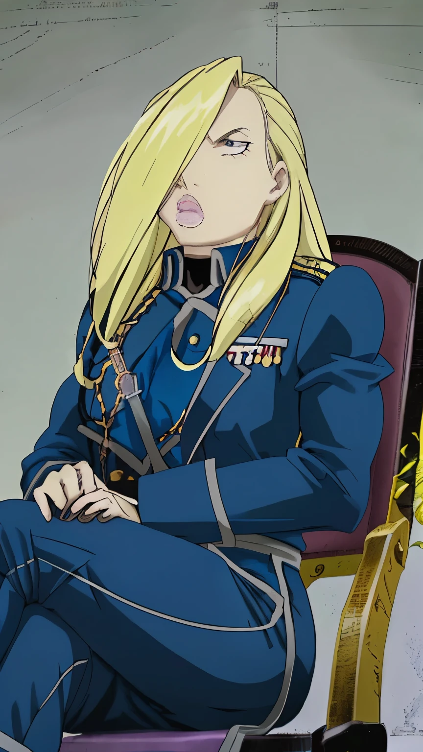 a close up of a woman in a blue uniform sitting on a red chair, inspired by Li Chevalier, in full metal alchemist, fullmetal alchemist, alucard, full metal alchemist, fullmetal alchemist brotherhood, alphonse musha, marisa kirisame, female anime character, portrait of a female anime hero, anime character, elric of melnibone，Olivier Mira Armstrong，金色长头发，钢之炼金术师，女少将，军服，军刀，女硬汉，军大衣，女军人，金色长发女军人，女军人，金发女魔头，大姐姐