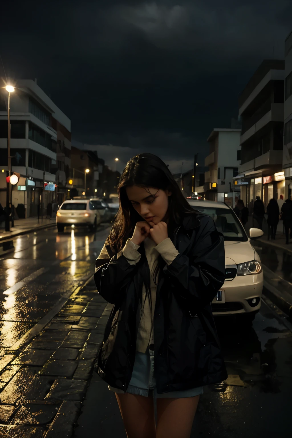 The car on the left side of the picture should be removed and the girl's face should be a little more beautiful, the car behind the girl should move back