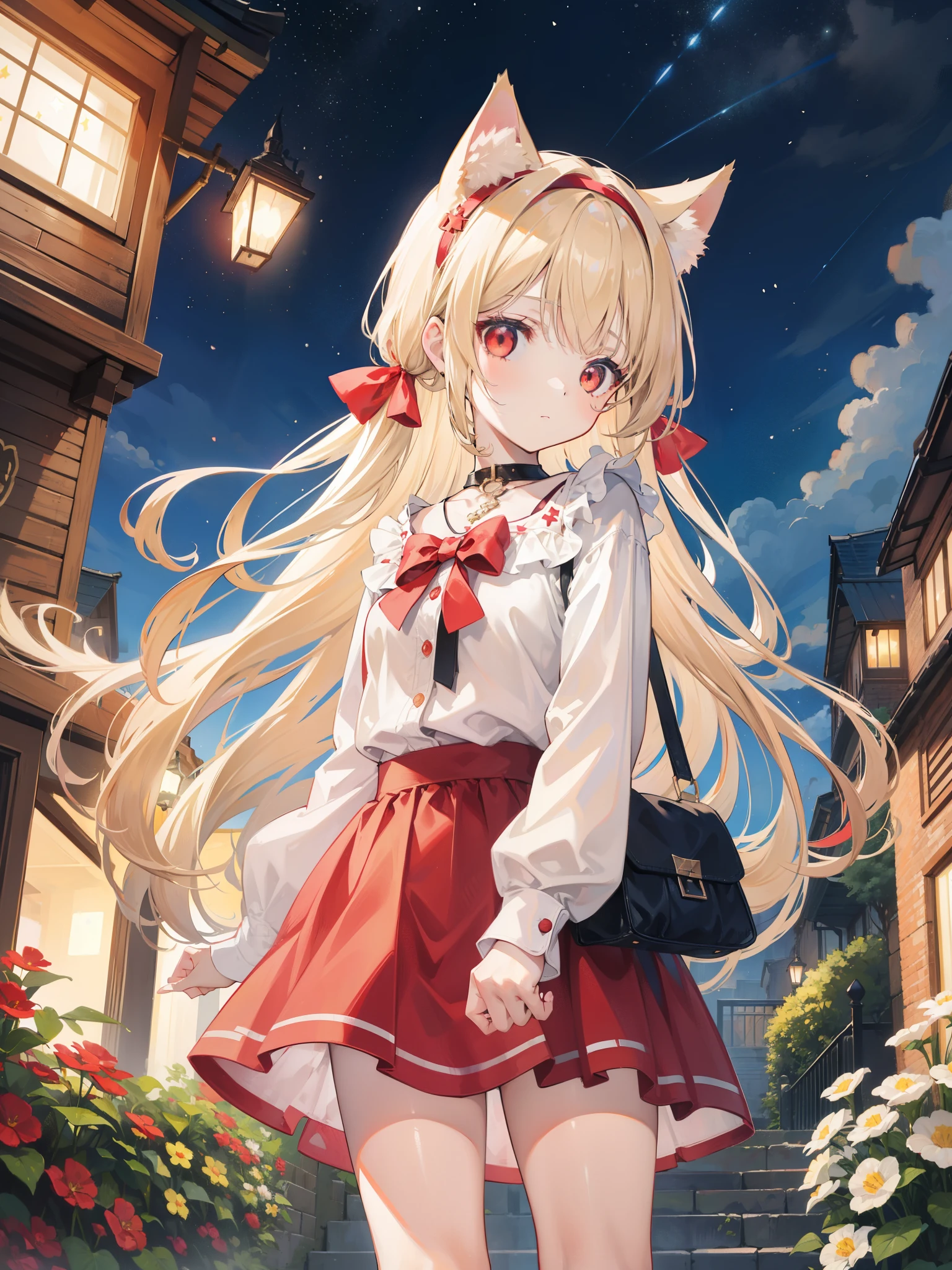 1 girl，，Long beige hair，red eyes，Cat ear headband，casual skirt，garden，starry night，street light