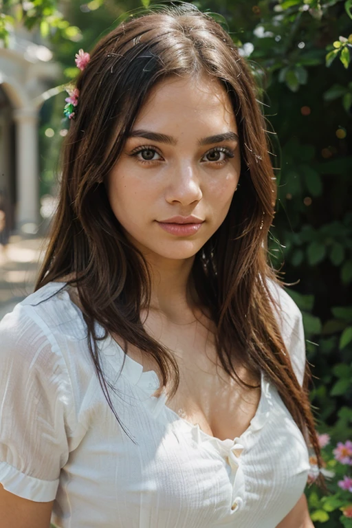 (best quality,ultra-detailed,photorealistic),young latin woman,beautiful eyes,detailed lips,pensive expression,soft lighting,vibrant colors,,long flowing hair,stylish outfit,garden background,colorful flowers,natural sunlight,serene atmosphere