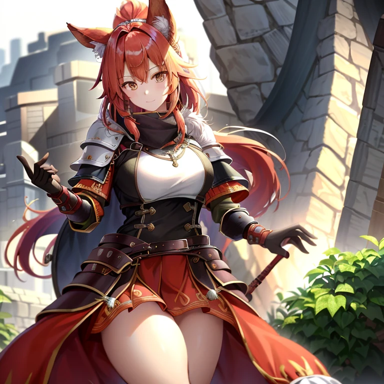 1girll,fur armour,Viking warrior, fur,Wolf ears, Extremely detailed,Reddish-orange hair,Braid,view the viewer(Masterpiece, Best quality:1.2)
