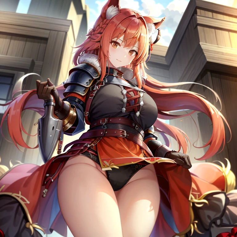 1girll,fur armour,Viking warrior, fur,Wolf ears, Extremely detailed,Reddish-orange hair,Braid,view the viewer(Masterpiece, Best quality:1.2)