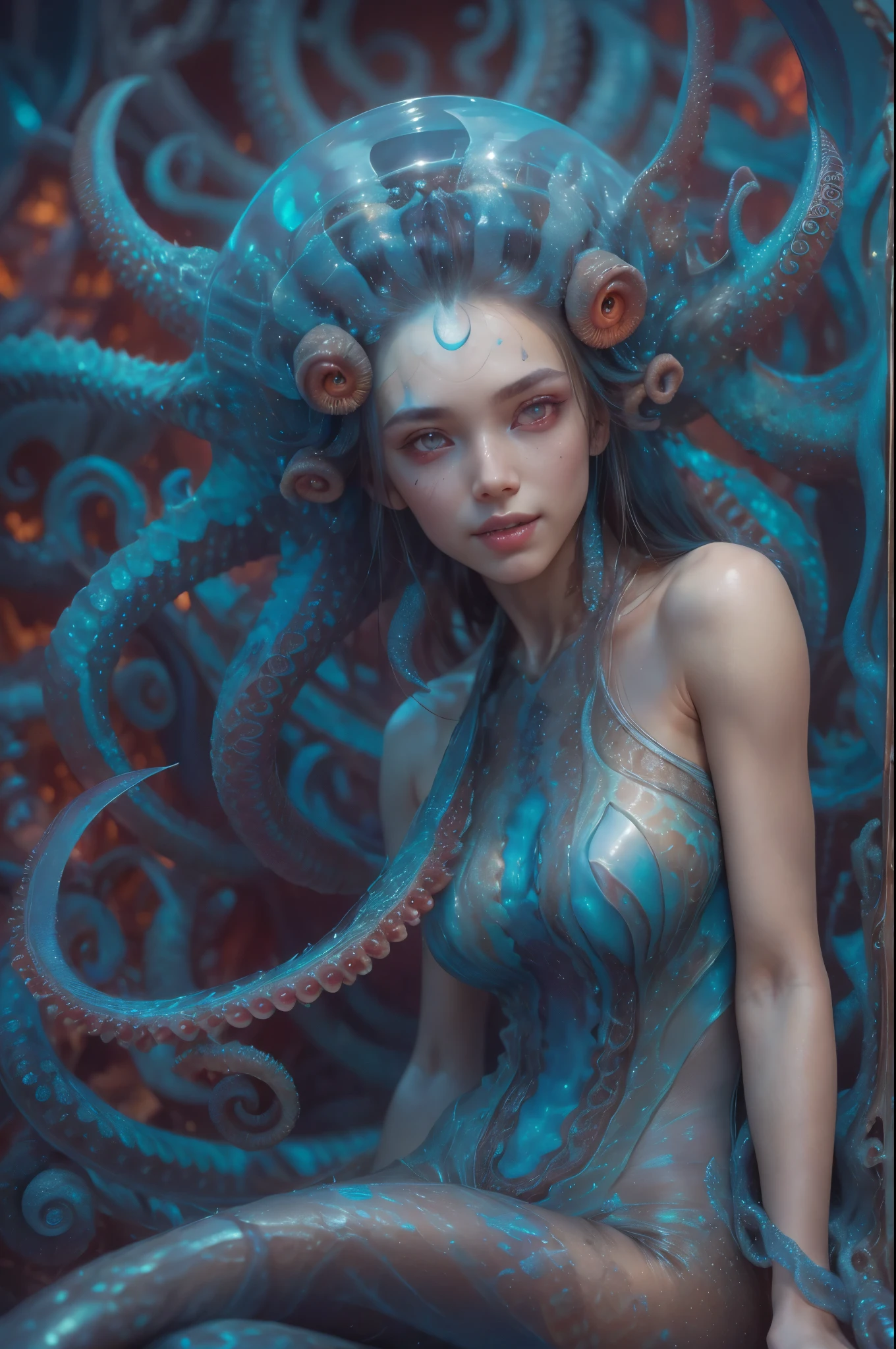 Portrait, (beautiful female alien:1.2), (she has red eyes with no pupils:1.8), (Translucent skin:1.7), (There is a female genital-like organ in the middle of the forehead:1.9), (The most beautiful face in the history of the universe:1.2),an evil gaze that seduces, (large mouth:1.1), (sharp teeth like a vampire:1.2), Full body portrait, (bio luminescent:1.5), (Smile wickedly:1.3), (sexypose:1.5), alien, No humans, cells are fused, (Lots of translucent tentacles:1.3) extraterrestrial, cell, bio image, best quality, 8K,In 4K_quality, High freshness, Dramatic Lighting, masutepiece:1.5,cinematic quality, detail up, (exquisite details:1.2), high resolution, High freshness, drawing faithfully, (Thick eyebrows:1.2), Beautiful eyes with fine symmetry,(Highly detailed face and eyes:1.2), Intimate face, (Super detailed skin quality feeling:1.4), perfect anatomy, (Beautiful toned body:1.5), (Moist skin:1.2), not wearing makeup, (dark circles:1.1), long canines, cinematic drawing of characters, ultra high quality model, cinematic quality, detail up, (exquisite details:1.2), high resolution, High freshness, drawing faithfully, official art, Unity 8K Wall , 8K Portrait, best quality, Very high resolution, ultra detailed artistic photography, midnight aura, unreal engine 5, Ultra Sharp Focus, art by alberto seveso, ArtGerm, Roisch, intricate artwork, best quality, masterpiece, ultra high resolution, (photos realistic:1.4), ultra realistic realism, dream-like, nautilus, Creation of fantasy, Snail, Dream Snail, (biopunk nautilus:1.3),Thrilling color schemes, ultra realistic realism, seductively smiling, Blue tentacles,