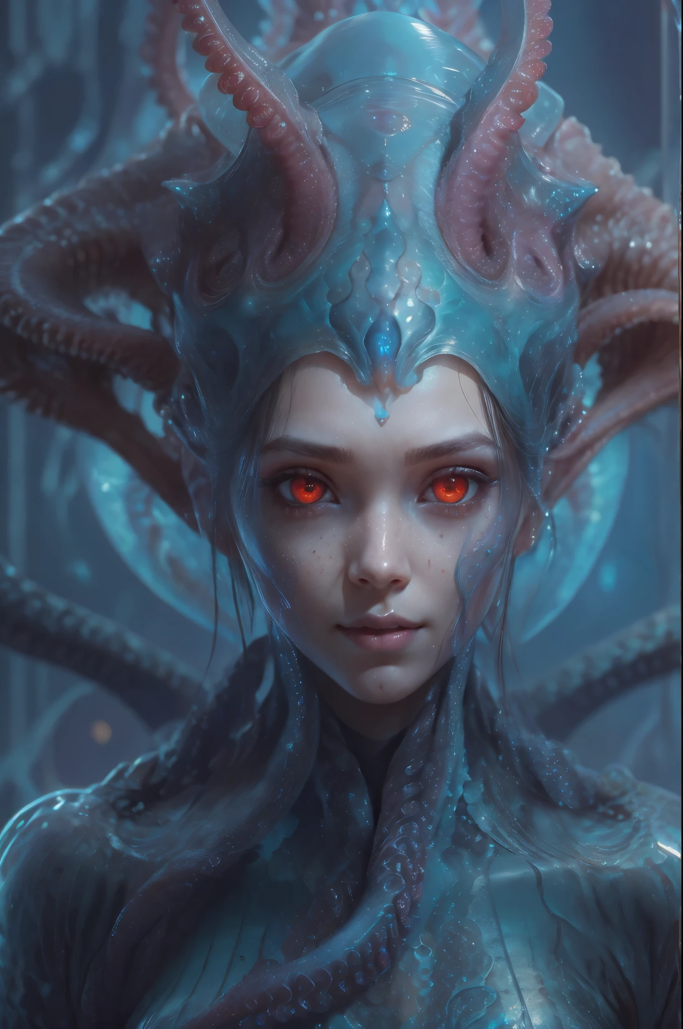 Portrait, (beautiful female alien:1.2),  (she has red eyes with no pupils:1.8), (Translucent skin:1.7),  (There is a female genital-like organ in the middle of the forehead:1.9), (The most beautiful face in the history of the universe:1.2),an evil gaze that seduces, (large mouth:1.1), (sharp teeth like a vampire:1.2), Full body portrait, (bio luminescent:1.5), (Smile wickedly:1.3),  (sexypose:1.5), alien, No humans, cells are fused, (Lots of translucent tentacles:1.3) extraterrestrial, cell, bio image, best quality, 8K,In 4K_quality, High freshness, Dramatic Lighting, masutepiece:1.5,cinematic quality, detail up, (exquisite details:1.2), high resolution, High freshness, drawing faithfully, (Thick eyebrows:1.2), Beautiful eyes with fine symmetry,(Highly detailed face and eyes:1.2), Intimate face, (Super detailed skin quality feeling:1.4), perfect anatomy,  (Beautiful toned body:1.5),  (Moist skin:1.2), not wearing makeup, (dark circles:1.1), long canines, cinematic drawing of characters, ultra high quality model, cinematic quality, detail up, (exquisite details:1.2), high resolution, High freshness, drawing faithfully, official art, Unity 8K Wall  , 8K Portrait, best quality, Very high resolution, ultra detailed artistic photography, midnight aura,  unreal engine 5, Ultra Sharp Focus, art by alberto seveso, ArtGerm, Roisch, intricate artwork, best quality, masterpiece, ultra high resolution, (photos realistic:1.4), ultra realistic realism, dream-like, nautilus, Creation of fantasy, Snail, Dream Snail, (biopunk nautilus:1.3),Thrilling color schemes, ultra realistic realism, seductively smiling, Blue tentacles,