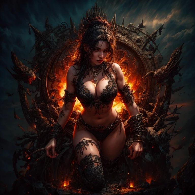 hellish nightmare, monsters, demons everywhere, young female exposed, exposed breast, exposed navel, (boobs),nsfw:1,1, fire, nude, beads belt, rope belt, necklace, ornaments, tattoo, legs apart, lingerie, chain bra
