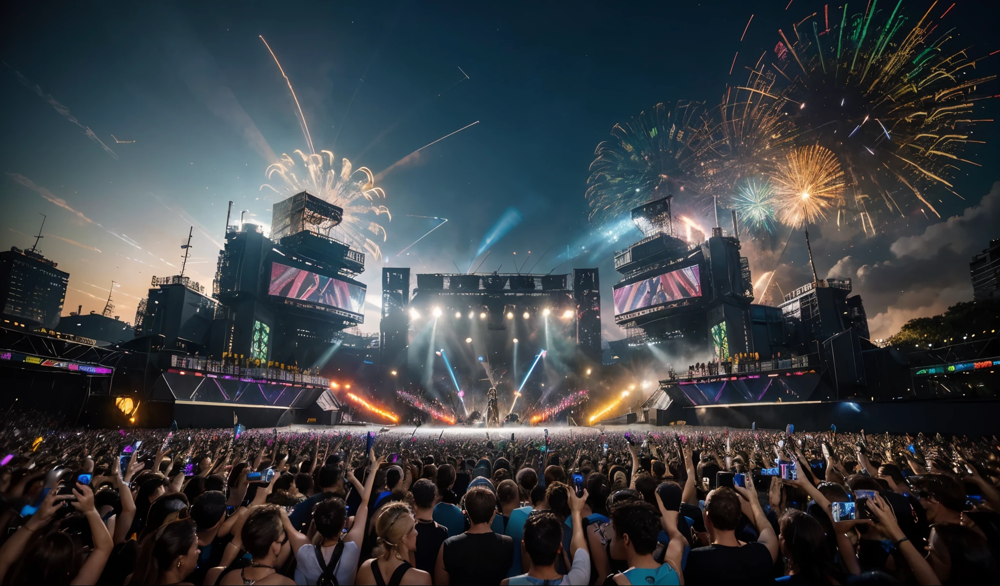 (best quality,48k,ultra-realistic),(electronic music,festival vibes,daytime),(bright shining sun),(crowds of millions of people),(spectacular stages and visuals),(vibrant atmosphere),(futuristic cityscape),(colorful laser lights),(elaborate pyrotechnics),(energetic dance performances),(state-of-the-art sound systems),(modern and edgy fashion),(exquisite detailing of festival-goers),(dynamic and immersive experience),(captivating energy and excitement)