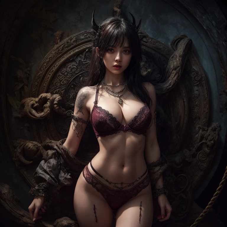 hellish nightmare, monsters, demons everywhere, young female exposed, exposed breast, exposed navel, (boobs),nsfw:1,1, fire, nude, beads belt, rope belt, necklace, ornaments, tattoo, legs apart, lingerie, chain bra, (bare chest)
