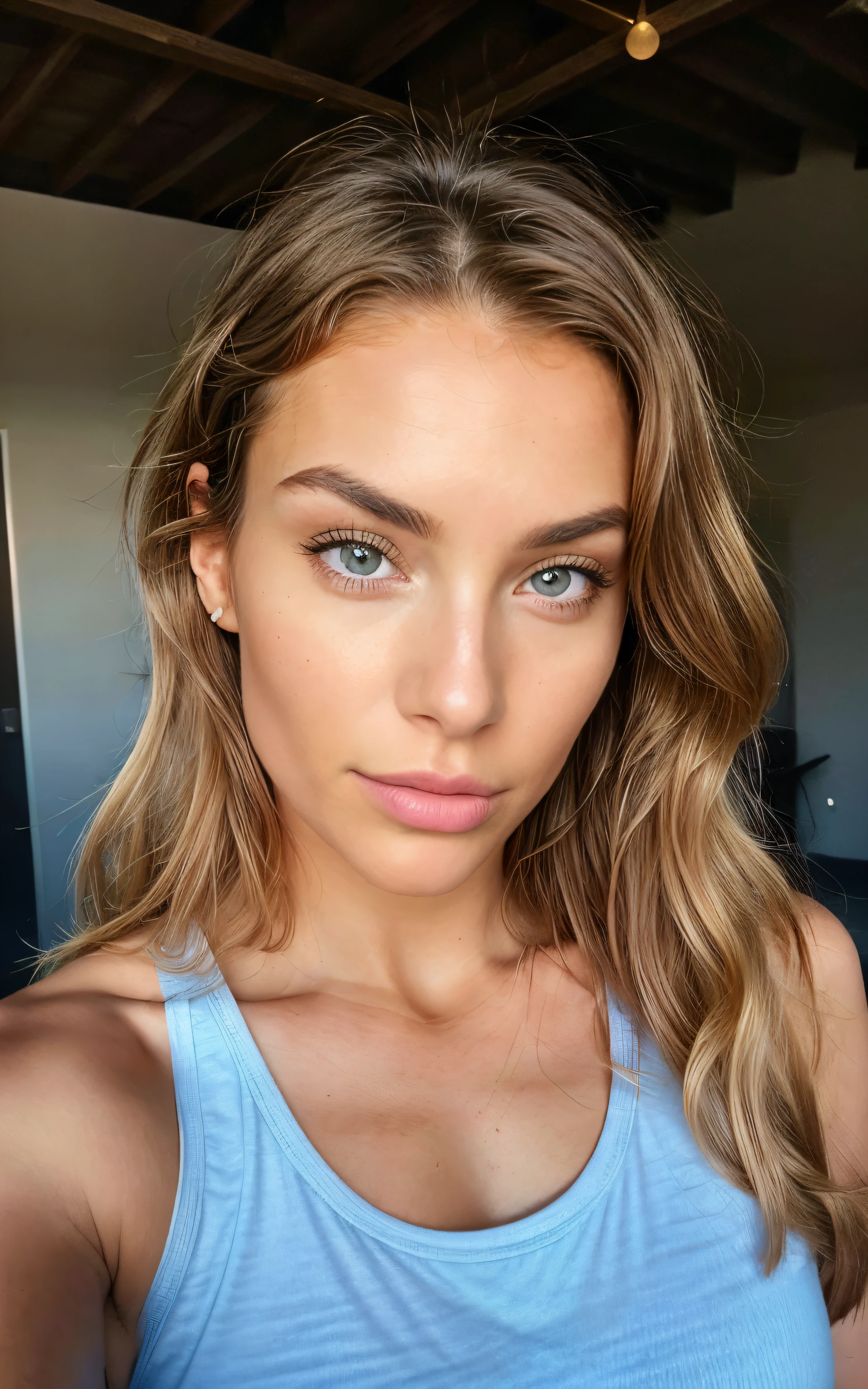 Belle brune aux reflets blonds, (22 ans, visage innocent, natural wavy hair, yeux bleus), selfie from above, A half portrait of a 28 y.o, quebecoise Instagram fitness bombshell, Olympic pole vaulter, correct anatomy, aroused body, elegant, ((superior look)), (Vaporwave aesthetic), high contrast, (natural skin texture, hyperrealism, soft light, sharp), shot on iPhone 14 PRO