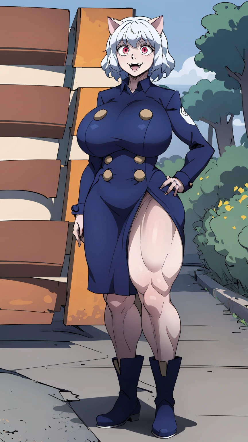 solo,open mouth,fangs,smile, Neferpitou,1girl,red eyes,cat ears, blue jacket,double-breasted, (nature:1.2),stading, full body, boots, huge breast, curvy, tall female,refsheet, cat tails,