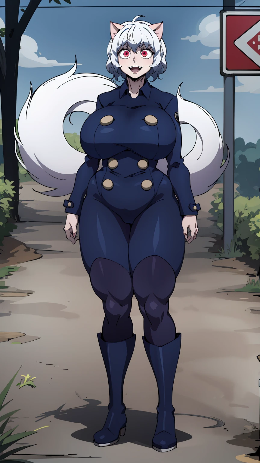 solo,open mouth,fangs,smile, Neferpitou,1girl,red eyes,cat ears, blue jacket,double-breasted, (nature:1.2),stading, full body, boots, huge breast, curvy, tall female,refsheet, cat tails,