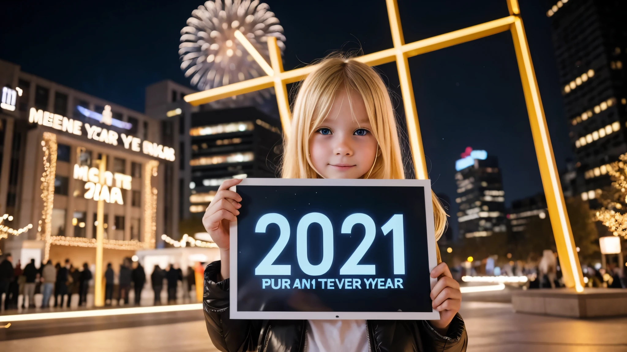 KIDS BLONDE holding a lighted sign that says 202, photo from 2022, 2 0 2 4, 2024, year 2447, circa the year 2994, 2 0 2 2 photo, 2049, 2045, 2 , new years eve