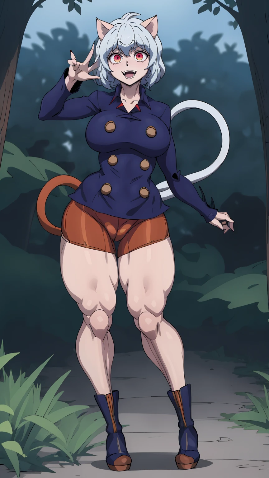solo,open mouth,fangs,smile, Neferpitou,1girl,red eyes,cat ears, blue jacket,double-breasted, (nature:1.2),stading, full body, boots, huge breast, curvy, tall female,refsheet, cat tails,Neferpitou,1girl,red eyes,cat ears, blue jacket,double-breasted, (brown shorts:1.2),striped, brown socks,blue footwear, doll joints,(nature:1.2),solo,combat stance,lora:add_detail:1>,solo,open mouth,fangs,smile,