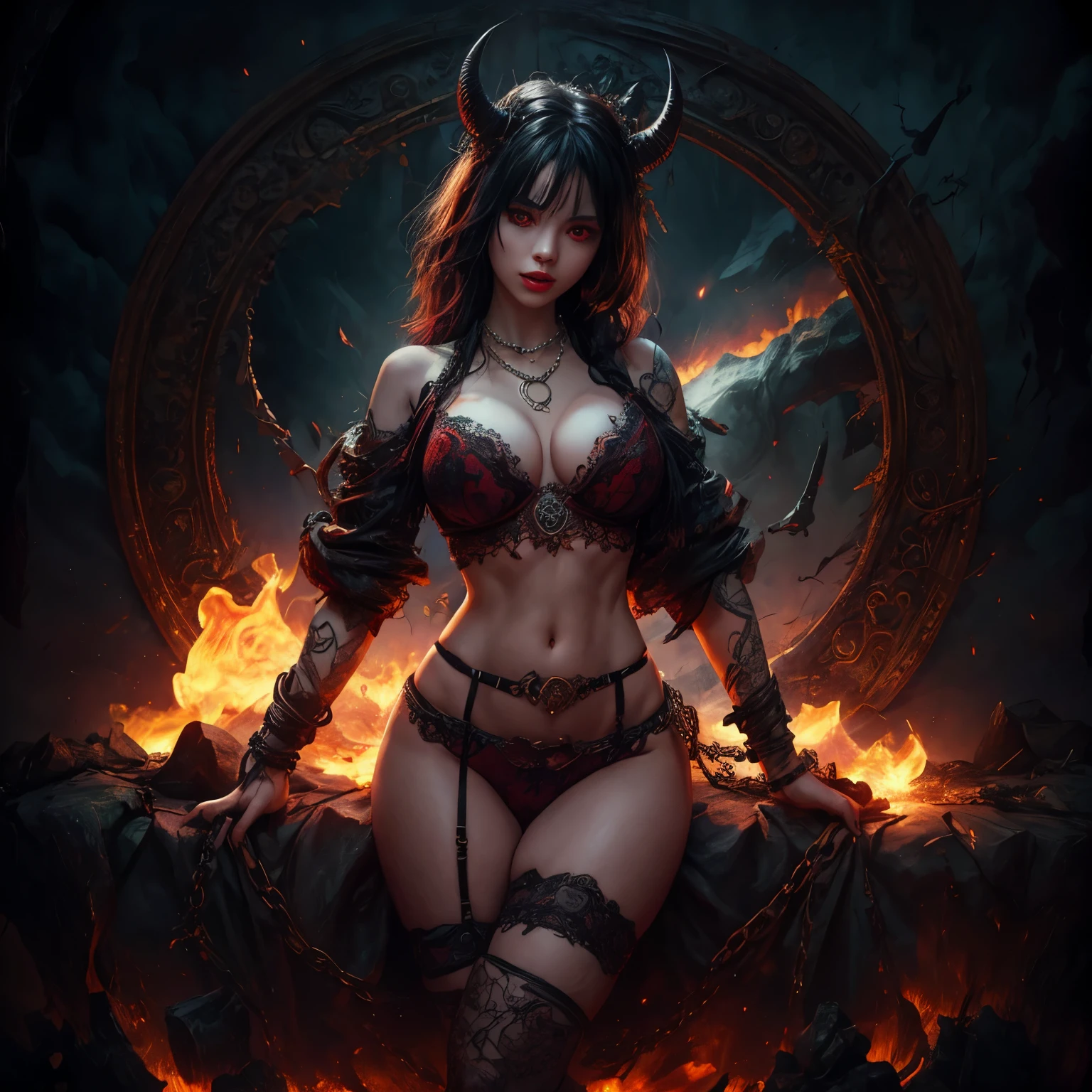 hellish nightmare, monsters, demons everywhere, young female exposed, exposed breast, exposed navel, (boobs),nsfw:1,1, fire, nude, beads belt, rope belt, necklace, ornaments, tattoo, legs apart, lingerie, chain bra
