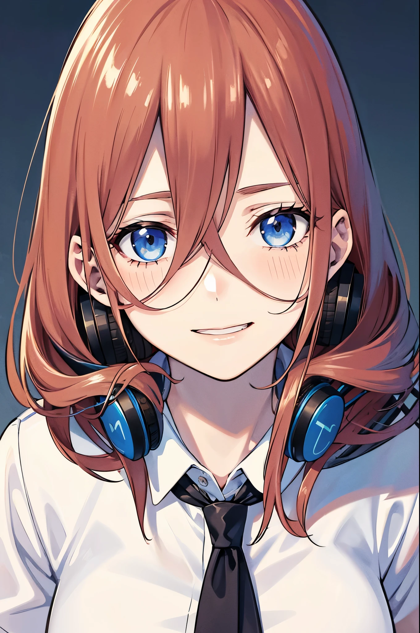 (face portrait), (masterpiece), best quality, expressive eyes, perfect face, highres, 1 girl, solo, miku nakano, long hair, bangs, blue eyes, brown hair, shirt, hair between eyes, headphones, cardigan, headphones around neck, shirt, long sleeves, white shirt, cardigan, blue cardigan, outdoor, schoolyard, smiling, standing, upper body portrait
