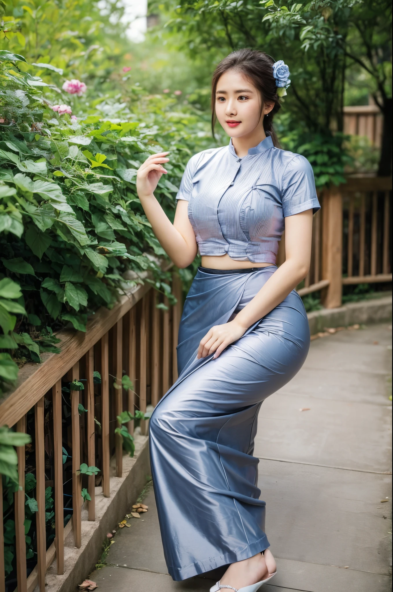 Asian woman in a skirt and white shirt standing on steps, Beautiful Body, traditional beauty, wearing beautiful clothes, traditional dress, acmm ss outfit, acmm long skirt, wearing acmm top, very attractive and beautiful, with lovely look, traditional clothes, very beautiful enga style