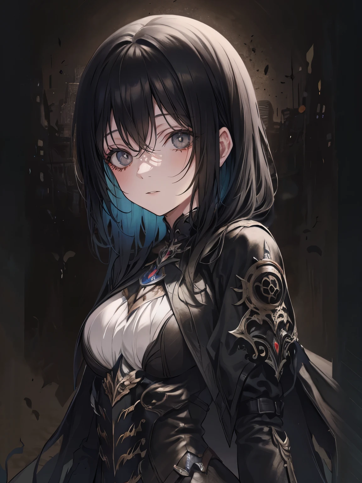 (masterpiece,best quality,ultra-detailed),1girl,pale skin,black hair,messy hair, thick hair,black clothes,dark ambient,((monster girl)),(shadow theme),(((black dust theme)))