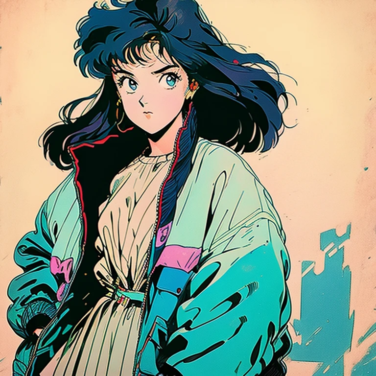 anime girl, 90s animation, Vintage Classic Anime Aesthetic, jacket, popular, dress, jacket over dress