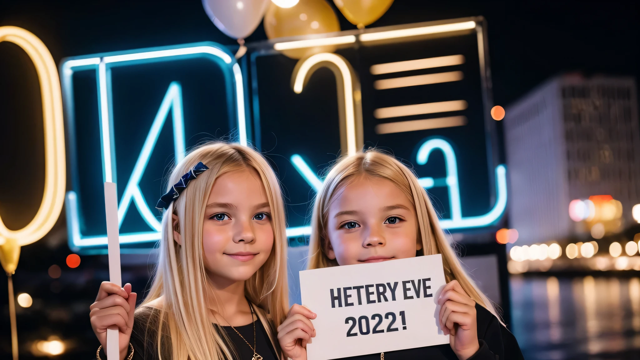 KIDS BLONDE holding a lighted sign that says 202, photo from 2022, 2 0 2 4, 2024, year 2447, circa the year 2994, 2 0 2 2 photo, 2049, 2045, 2 4 years old, new years eve