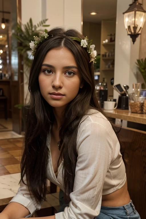 raw photo,wide angle lens,a Greek girl with extremely long straight black hair,sitting in a cofftee shop in Greece,hair parted in the middle,realistic face,wearing a outfit boho with a wreath of olive branches on the head,perfect round glasses,brown eyes,(full body view:1.2),extremely detailed eyes,realism,intricate details,detailed hair,perfect body,best hands,high quality,ultra detailed face,high definition,hyper detailed,HDR,8k,uhd,dslr,extreme skin detail, natural lighting,35mm,cinema photography,FujiFilm XT3,ultra-realistic,