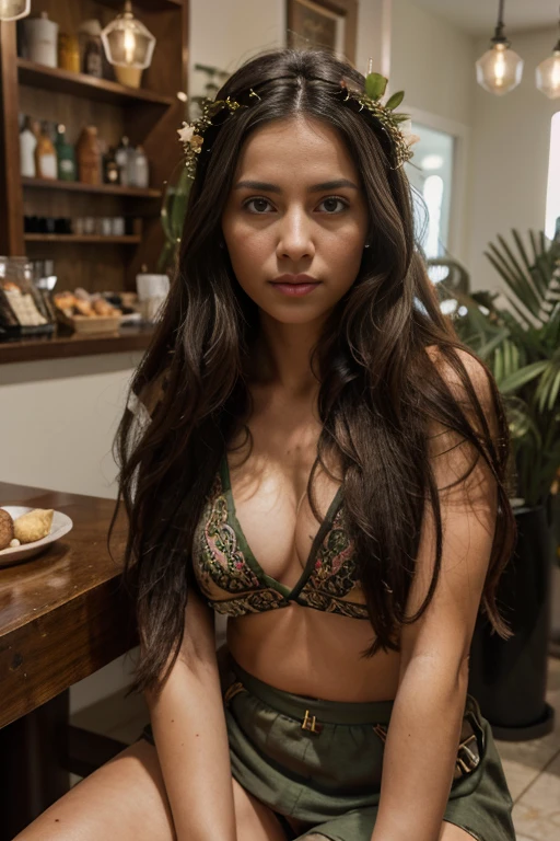 raw photo,wide angle lens,a Greek girl with extremely long straight black hair,sitting in a cofftee shop in Greece,hair parted in the middle,realistic face,wearing a outfit boho with a wreath of olive branches on the head,perfect round glasses,brown eyes,(full body view:1.2),extremely detailed eyes,realism,intricate details,detailed hair,perfect body,best hands,high quality,ultra detailed face,high definition,hyper detailed,HDR,8k,uhd,dslr,extreme skin detail, natural lighting,35mm,cinema photography,FujiFilm XT3,ultra-realistic,