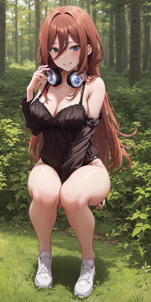 ((full body:1.4)), 1girl, solo, nakano miku, brown long hair, hair between eyes, headphones, ((squatting:1.3)), (black lingerie:1.3), medium breasts, forest background, (wide smile:1.2)