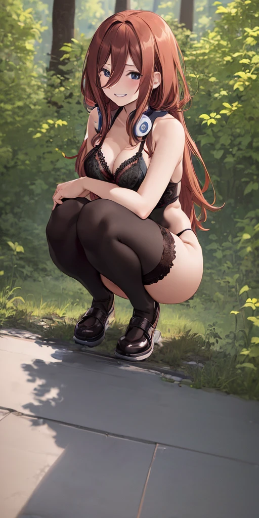 ((full body:1.4)), 1girl, solo, nakano miku, brown long hair, hair between eyes, headphones, ((squatting:1.3)), (black lingerie:1.3), medium breasts, forest background, (wide smile:1.2)