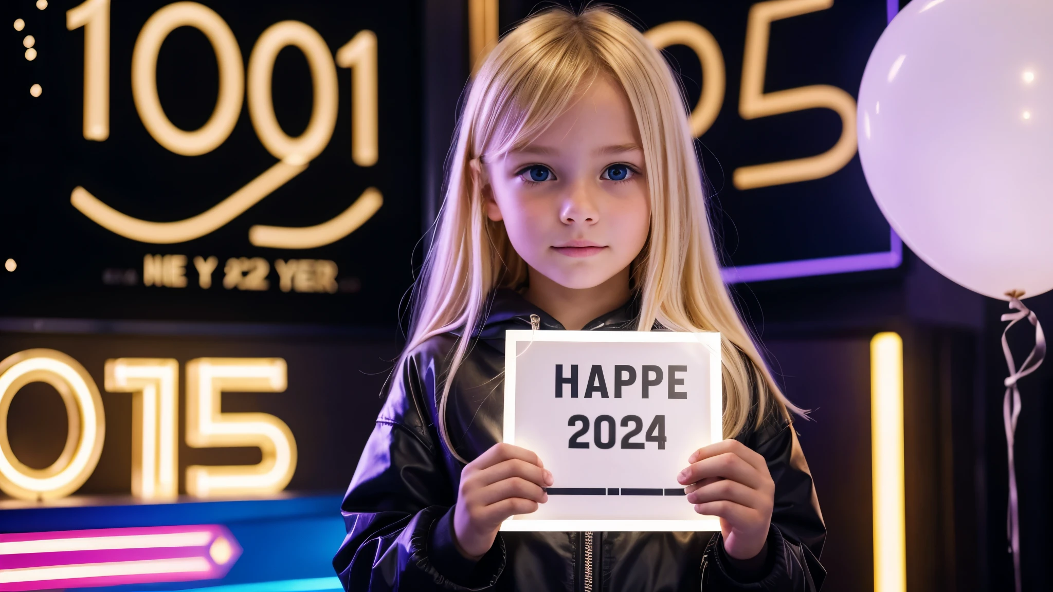 KIDS BLONDE holding a lighted sign that says 202, photo from 2022, 2 0 2 4, 2024, year 2447, circa the year 2994, 2 0 2 2 photo, 2049, 2045, 2 4 years old, new years eve