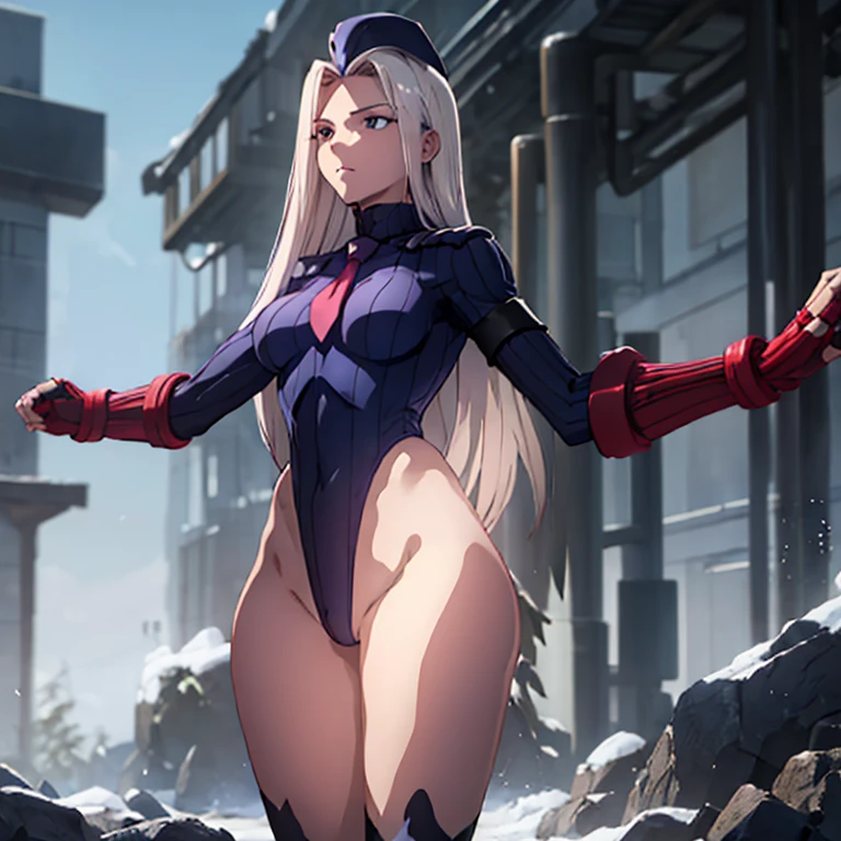 ultra-detailed, Explicit, Beautiful body, Beautiful Nose, Beautiful character design, perfect eyes, perfect face, ultra highres, 4K, beautiful legs, perfect legs, perfect anatomy, Nice hands, Perfect hand, Masterpiece, Best Quality, Highly detailed, illustration, absurdres, street fighter, doll suit, shadaloo doll, dollsuit, expressionless, blank eyes, looking at viewer, red gloves, emotionless, black latex, corrution, mind control, female combatant, full body, hypnotized, unhappy trance, full body suit, ribbed bodysuit, both arms at side, obey, perfect female body, extremely glossy latex, hypnosis, hypnoLora, empty eyes, Mind control device, poses, submissive_pose, Slave, hat, necktie, stand up straight, standing, standing at attention, hat, necktie, belt, latex, ribbed bodysuit, thighhighs, Fighting Stance, military, thigh boots, 1girl, solo, Illyasviel von Einzbern, Fate Stay Night [UFOTABLE], silver hair, red eyes, long hair