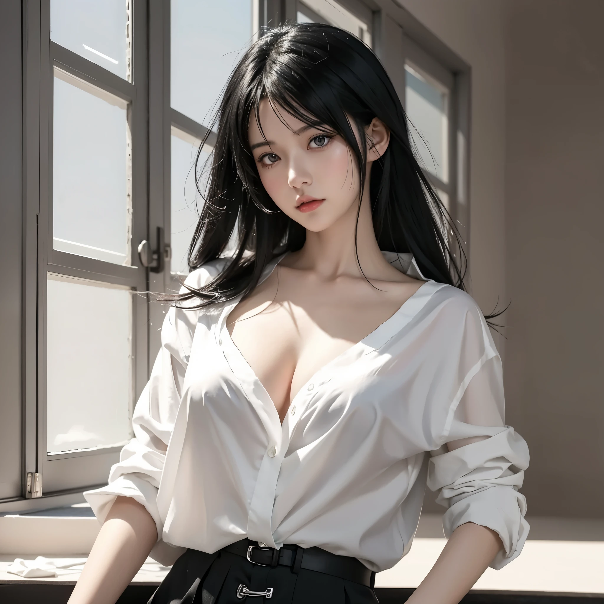 anime girl with black hair and white shirt posing in front of window, seductive anime girl, beautiful alluring anime woman, guweiz, artwork in the style of guweiz, attractive anime girl, realistic anime 3 d style, beautiful anime woman, style artgerm, realistic anime artstyle, anime woman, smooth anime cg art, artgerm. anime illustration