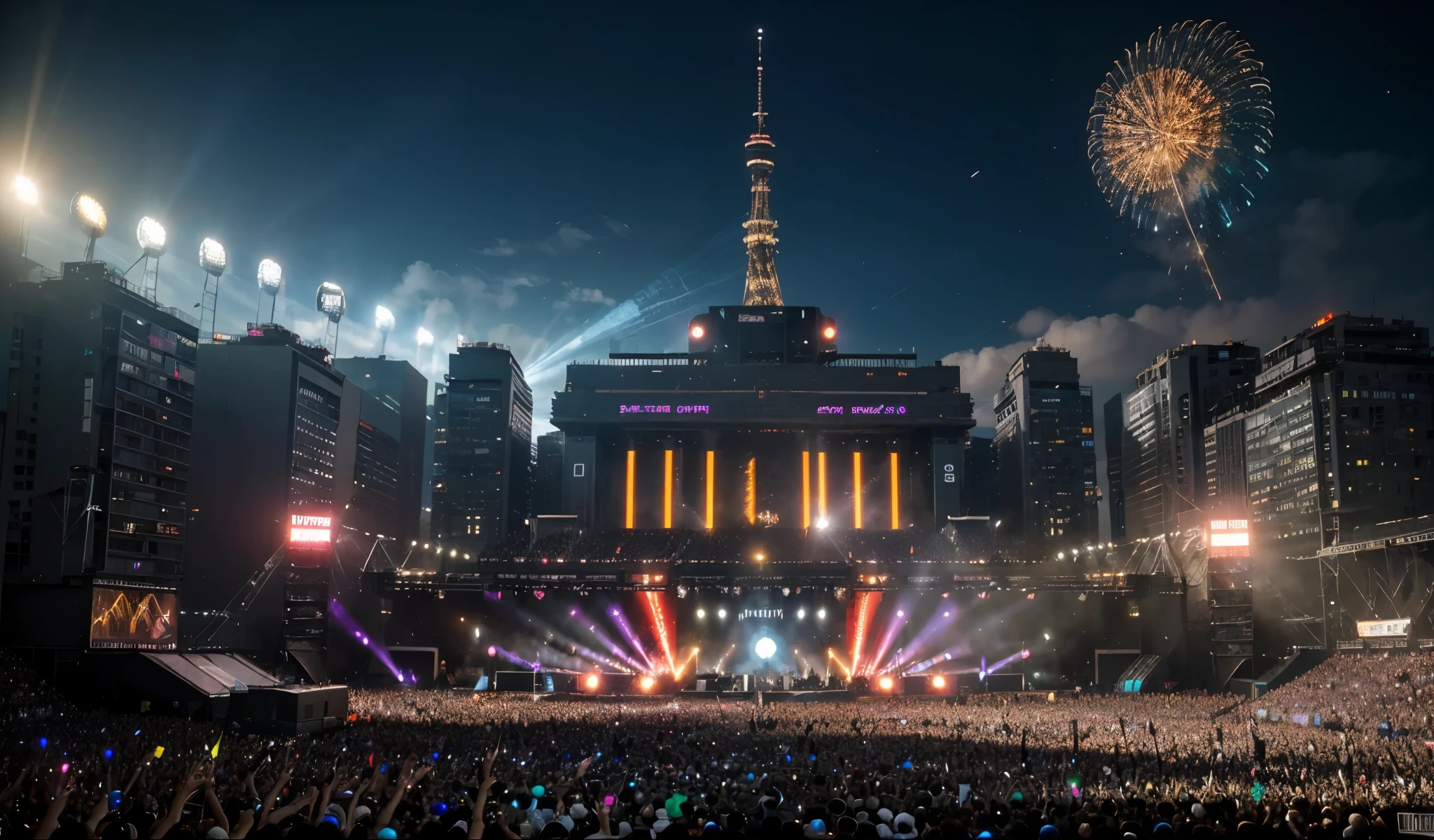 (best quality,48k,ultra-realistic),(electronic music,festival vibes,daytime),(bright shining sun),(crowds of millions of people),(spectacular stages and visuals),(vibrant atmosphere),(futuristic cityscape),(colorful laser lights),(elaborate pyrotechnics),(energetic dance performances),(state-of-the-art sound systems),(modern and edgy fashion),(exquisite detailing of festival-goers),(dynamic and immersive experience),(captivating energy and excitement)